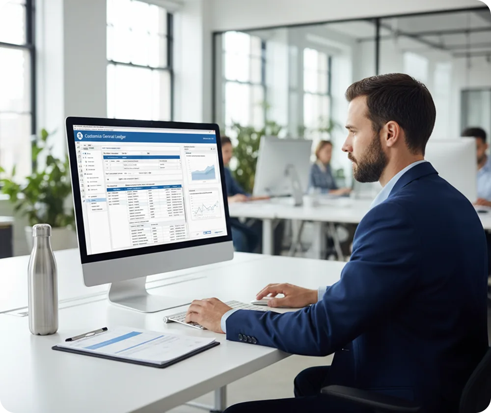 Finance professional reviewing accounting reports at an office workstation