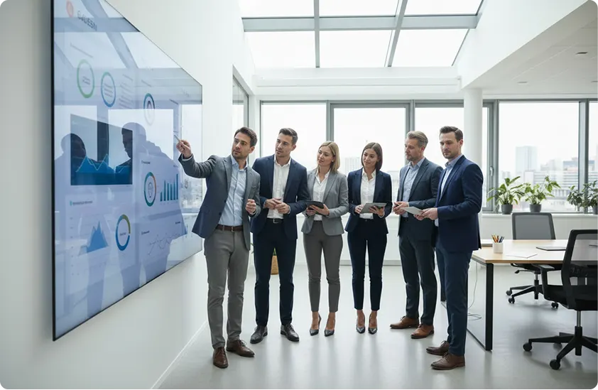 Sales team reviewing performance dashboards together