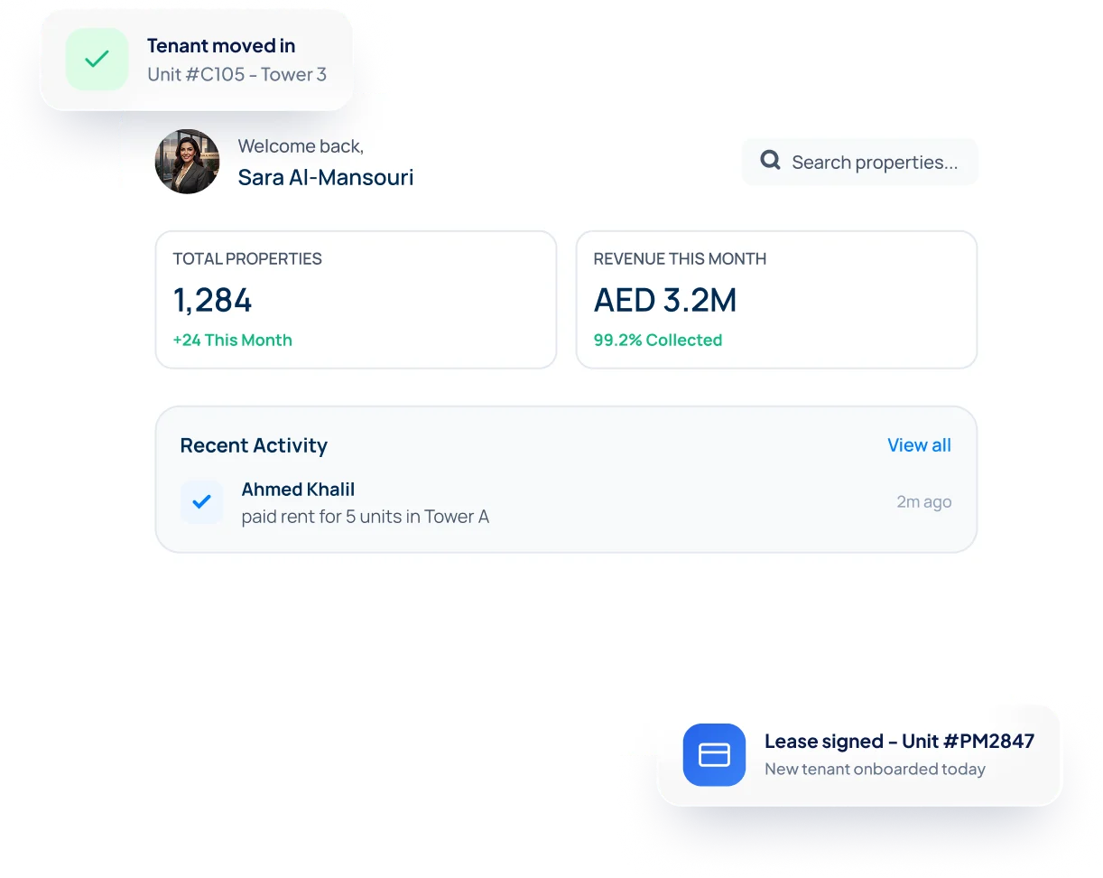 Elate property management dashboard showing properties, rental revenue, recent activity, and lease notifications