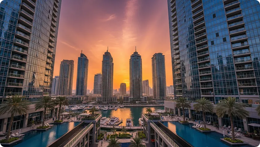 Dubai Marina residential towers overlooking the waterfront at sunset