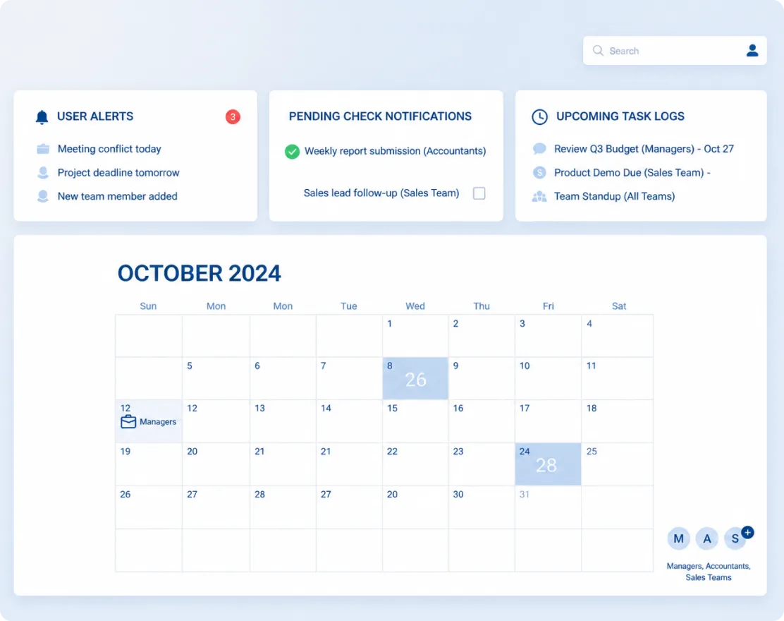 Elate Reminder dashboard showing team alerts, pending cheque notifications, upcoming tasks, and a shared calendar